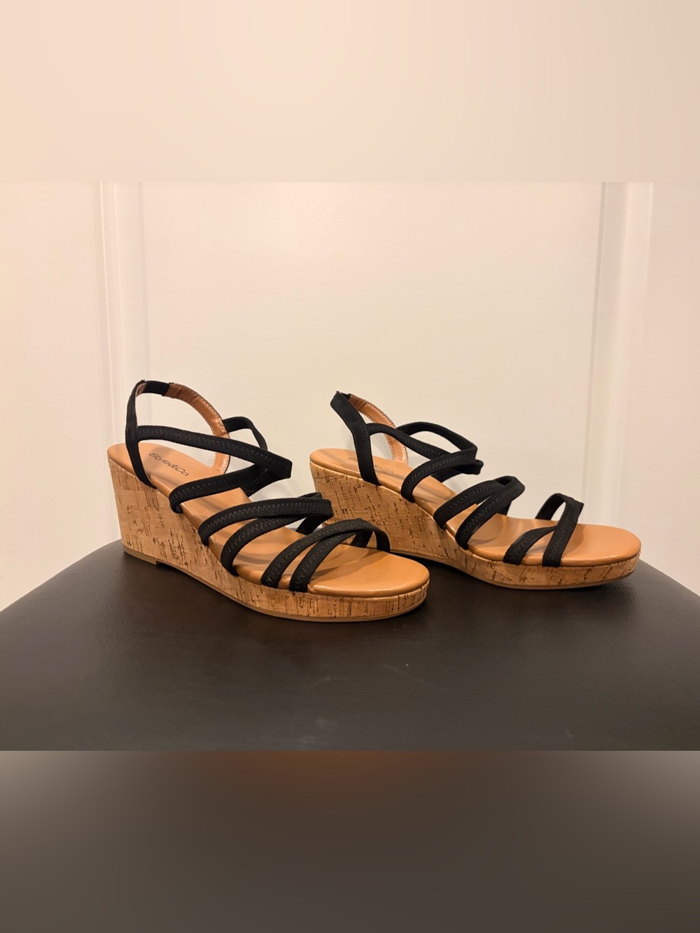 Style & Co. Black Strappy Cork Wedge Sandals